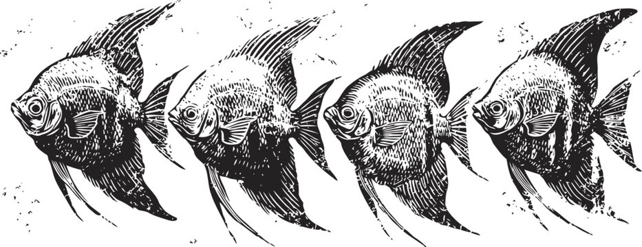 black and white vintage angelfish illustration in a row with detailed engraved texture and shading