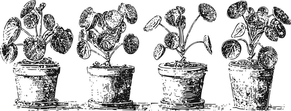 four potted pilea plants with round leaves in vintage pots on white background