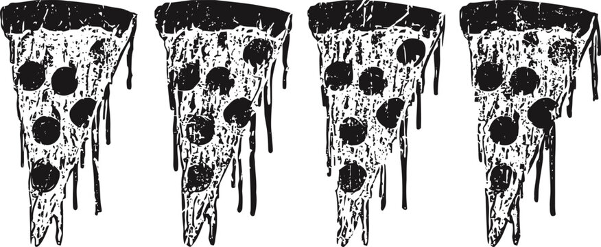 four melting pepperoni pizza slices with dripping cheese and crust