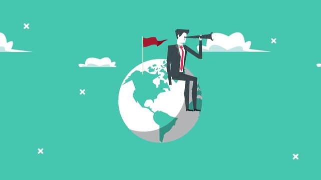 Businessman sitting on globe looking through telescope with red flag on peak signifies global vision and strategy.