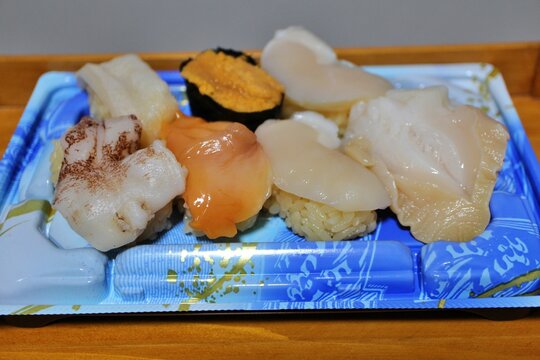 Assorted shellfish nigirizushi purchased at a supermarket in Tokyo, Japan