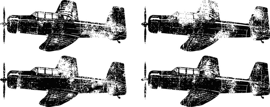 Four vintage military propeller airplanes flying in formation over white background