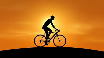 Obraz premium Silhouette of a Cyclist Riding a Bicycle Against a Bright Orange Sunset in a Tranquil Landscape with Rolling Hills and Calm Atmosphere