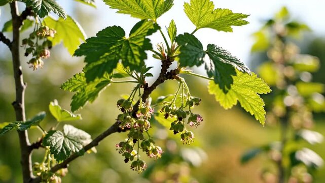 A closeup view of a blackcurrant bush with green leaves and unripe berries in a natural outdoor setting with blurred background