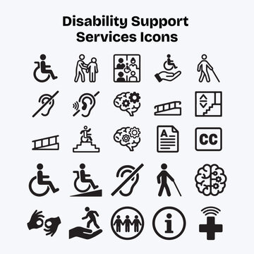 Disability support services icons featuring wheelchair accessibility hearing loss visual impairment cognitive aid ramp elevator sign language and medical assistance.