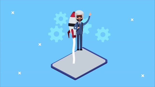 Businessman wearing helmet with rocket and gears on smartphone animation for startup and innovation concepts.