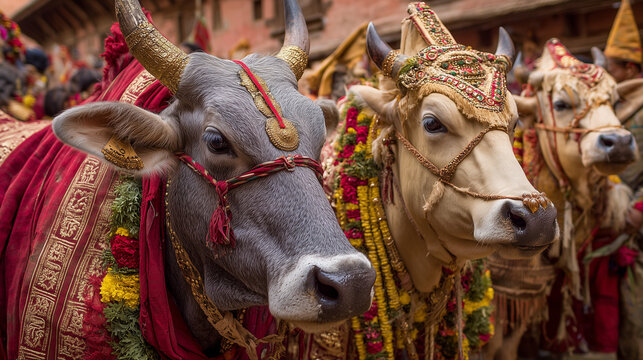 Decorated cows participate in the vibrant Gai Jatra Festival celebration