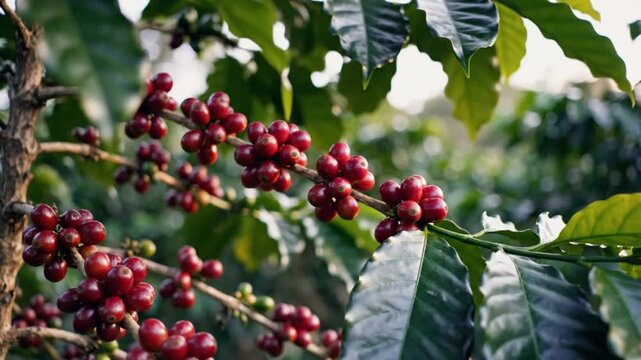 Vibrant red coffee cherries growing on a lush green coffee plant branch with leaves
