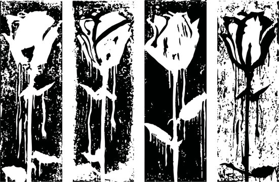 Black and white grunge rose illustrations monochrome floral design with textured distress effect and vintage artistic brush strokes