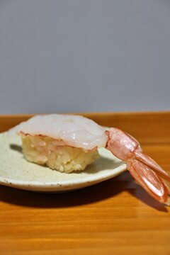 Akaebi (red shrimp) Edomae nigirizushi made with red vinegar purchased at a supermarket in Tokyo, Japan