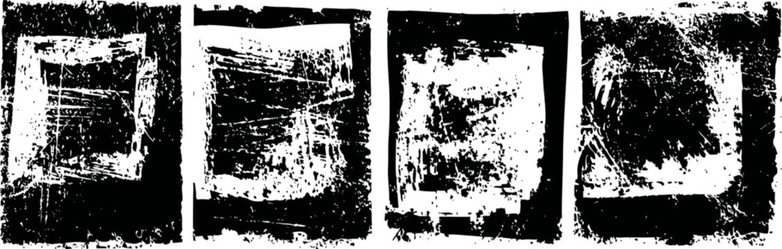 four distinct black grunge frames with rough edges for vintage design elements