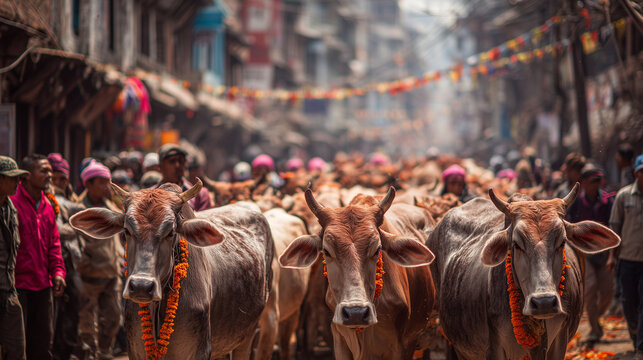 Cows parade through streets during Gai Jatra Festival celebration with people