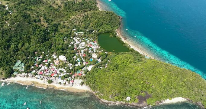 Tropical island with beach and coral reef. Apo Island. Negros, Philippines.