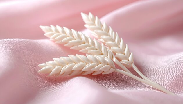 Delicate wheat sprigs atop soft, rosy silk cloth, elegant & serene