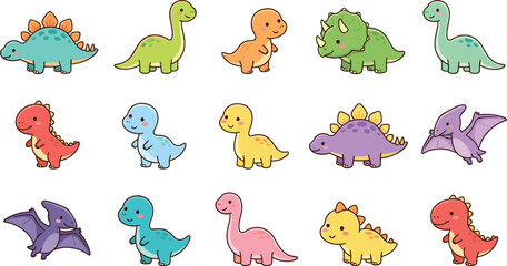 Vector Set of Cute Cartoon Dinosaurs in Various Colors and Poses for Fun and Playful Kids' Designs. © Lipi