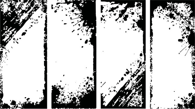 Four vertical grunge frames with distressed textured borders and splatter effects