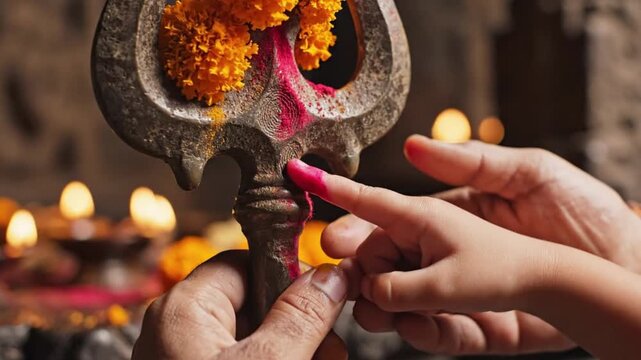 Person applying red vermilion powder onto a metal trident symbol decorated with marigold flowers during a traditional spiritual ritual ceremony