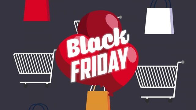 Black Friday sale animation with shopping carts and bags flying around red balloons.