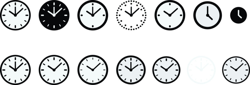 Collection of various clock icons representing time passing and measurement concepts
