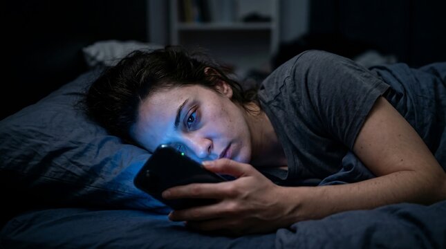 A realistic portrayal of digital overload and sleep disruption caused by smartphone usage and constant notifications.