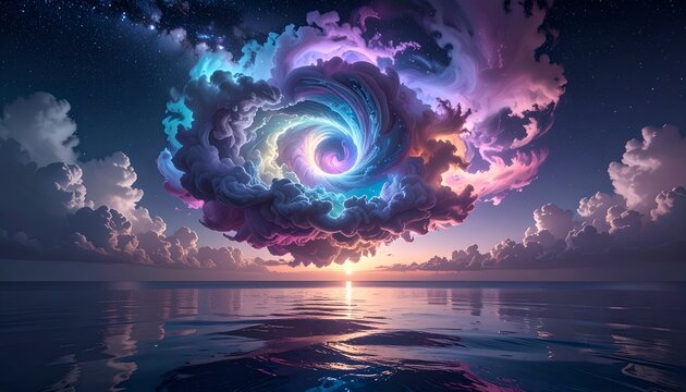 Colorful swirling cloud vortex over a calm ocean reflecting twilight