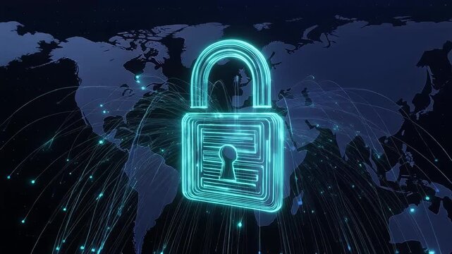cyber security digital padlock with glowing fiber optic lines on world map background