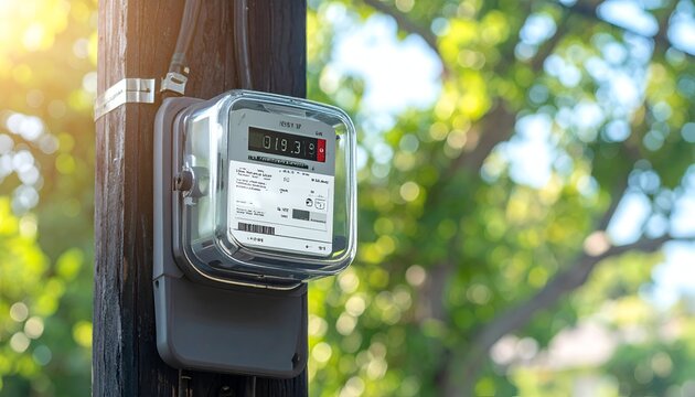 Utility meter fixed to a pole, bright daylight, blurred green foliage background