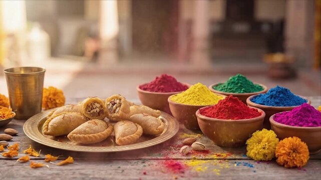 A beautifully arranged platter of traditional sweets sits alongside vibrant colored powders, symbolizing a festive celebration in India, with marigold flowers and a brass cup enhancing the festive atm