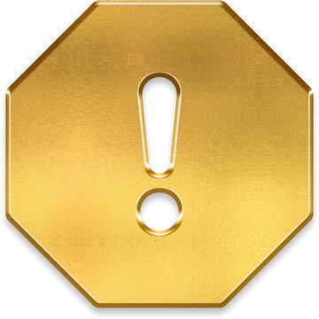 Shiny 3D golden exclamation mark in octagon for stop and warning sign