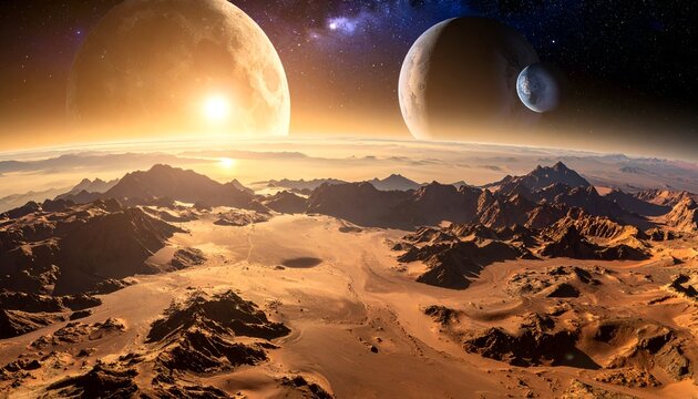 Alien landscape with giant moons rising over a barren, rocky surface