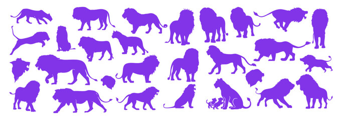 Light Purple Wild lion silhouette vector set on Transparent background safari animal icon wildlife illustration design © Ms Rozi