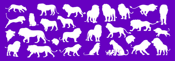 Obraz premium Lion silhouette safari vector collection on Light Purple background wildlife animal icon illustration design