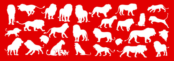 Wild lion silhouette vector icon set on red background safari wildlife animal illustration design © Ms Rozi