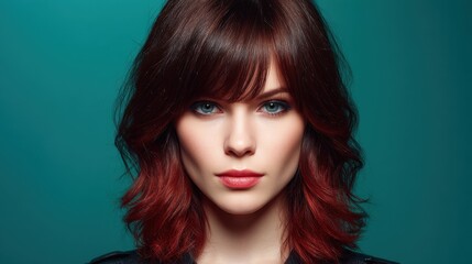 Fototapeta premium Close-Up Portrait of a Young Woman with Stylish Hair and Striking Blue Eyes on a Vibrant Teal Background in Artistic Fashion Photography