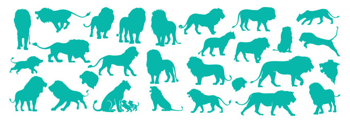 Cyan Wild lion silhouette vector set on Transparent background safari animal icon collection hand drawn wildlife illustration design © Ms Rozi