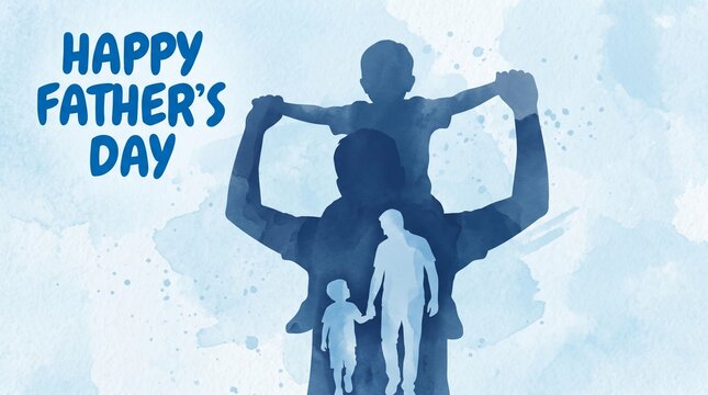 Happy Father's Day watercolor greeting card, silhouette of father carrying son on shoulders, blue artistic background for family celebration