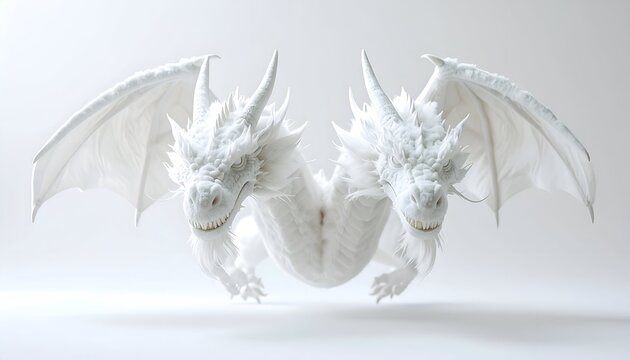 Elegant, two-headed white dragon, wings spread, against a soft, clean white background