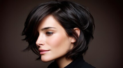 Naklejka premium Elegant Profile of a Woman with Textured Short Black Hair, Captured Against a Dark Background Highlighting Style and Beauty