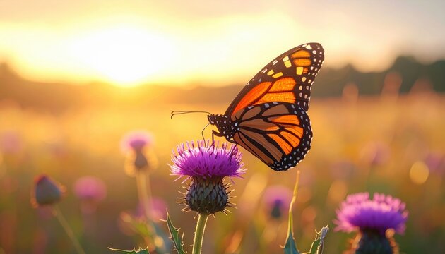 Vibrant Monarch Butterfly Alighting on a Purple Thistle Flower Amidst Golden Hour Sunlight