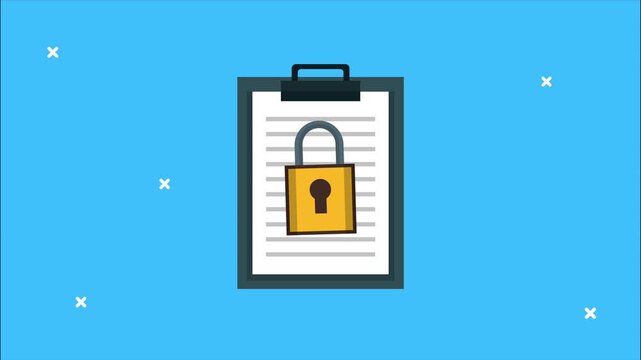 Animated clipboard with security padlock motion graphic demonstrating data protection and privacy concepts on blue background.