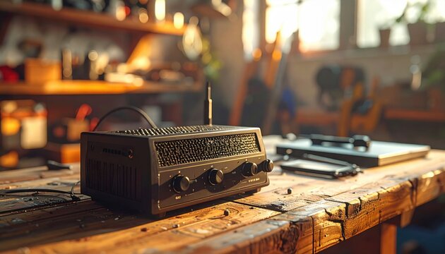 Vintage Tube Audio Amplifier on a Wooden Workbench in a Workshop Setting
