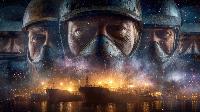 Welders sparks illuminating faces in a shipyard, massive hull behind, International Labour Day welding mask decal, heavy industry unity, dramatic firelight