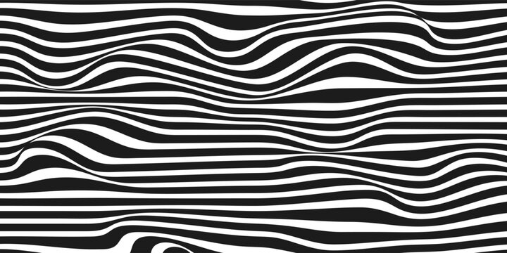 Black and white striped liquid paint effect vector seamless pattern. Wavy psychedelic background of moving liquid. Modern zebra backdrop. Groovy 1970s style.