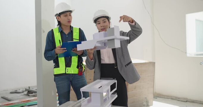 Male engineer and female architect review a building model, blueprints and a digital device at a residential construction site, planning design coordination and project development.
