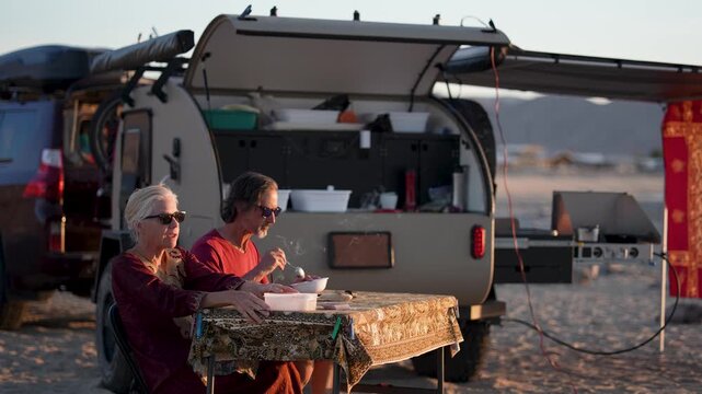 Mature man and woman share a meal by their camper trailer on the beach at sunset in Baja California Mexico.
