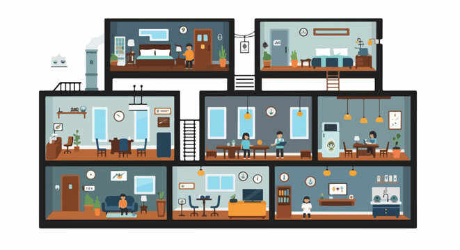 Modern modular apartment floor plans with open living spaces and minimalist interior design. Vector illustration of multi-level home layouts for real estate developers and architects.