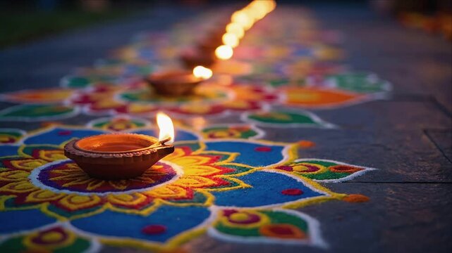 Colorful rangoli design featuring clay lamps lights up a festive pathway in India, showcasing intricate patterns and vibrant colors, creating a warm and inviting atmosphere for celebration