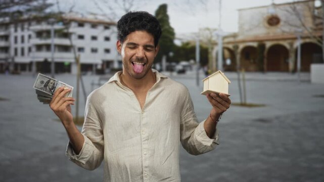 Young hispanic man holding a fanned stack of us dollar bills and a small wooden house model, tongue out and gesturing with hands on a city street; playful confidence.