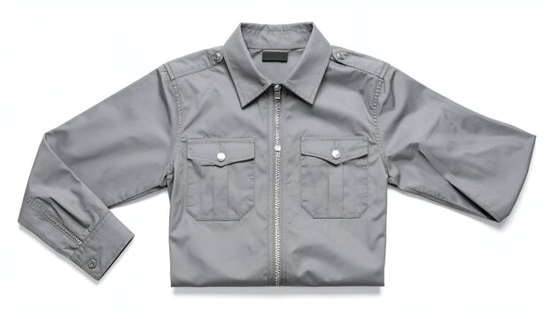 Folded grey cropped jacket with zipper, pockets, epaulettes, flat lay