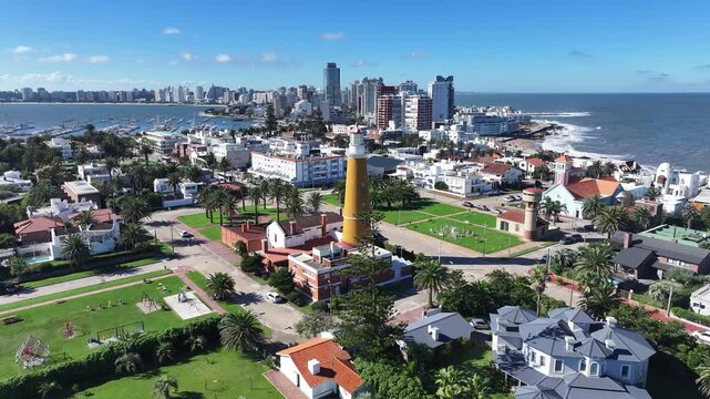 Punta Del Este Skyline In Punta Del Este Maldonado Uruguay. Breathtaking Aerial View Of A Lush Tropical Coastline Scenery. Business Sky Downtown Cityscape. Business Downtown Up Above.
